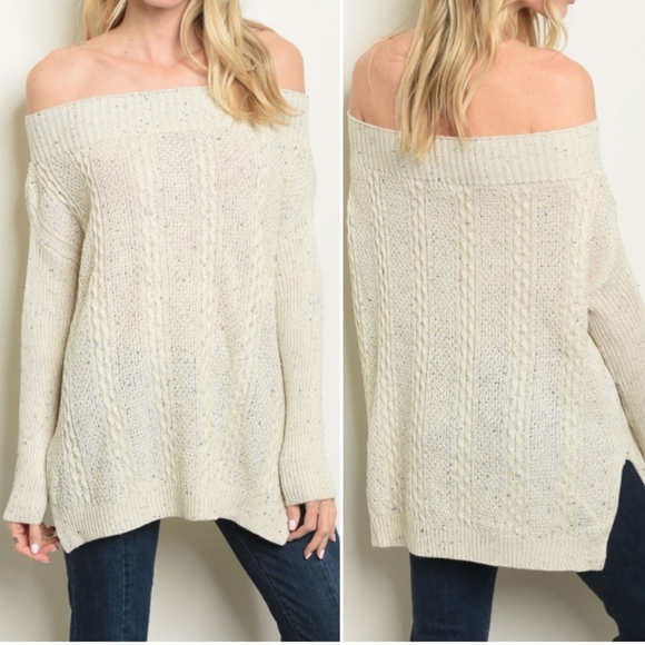 Oatmeal off the shoulder knit sweater. - Picture 3 of 3